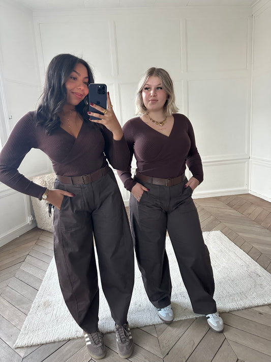 Pantalon barrel avec ceinture - marron