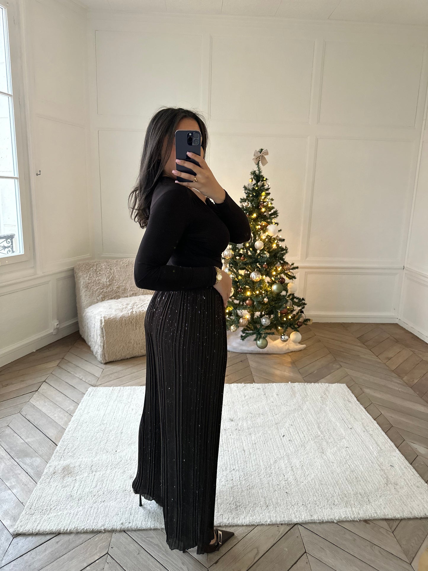 Pantalon plissé extensible à strass - marron