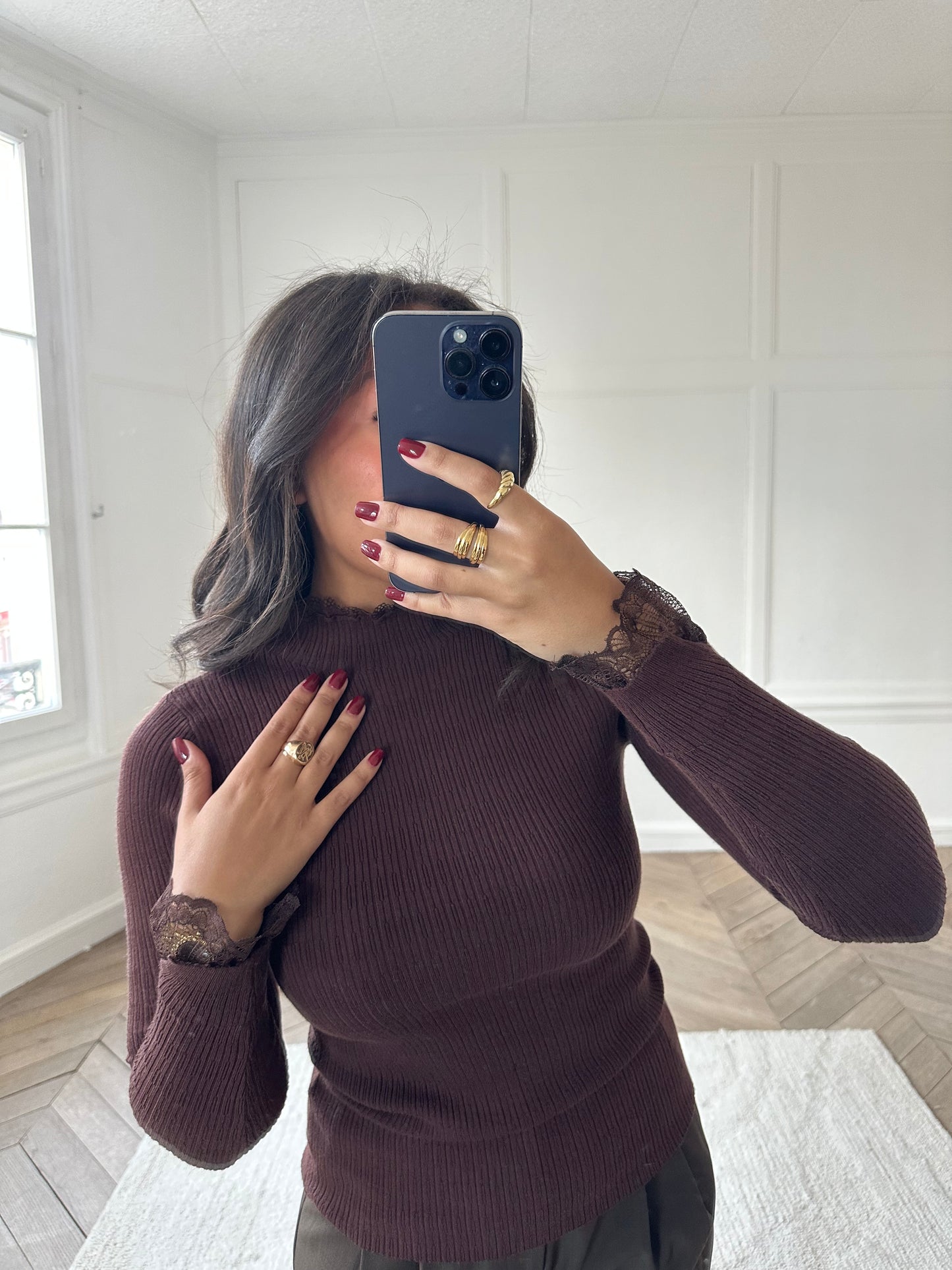 Top détails dentelle - marron