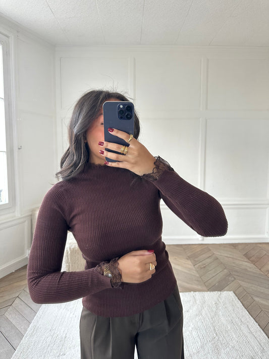 Top détails dentelle - marron