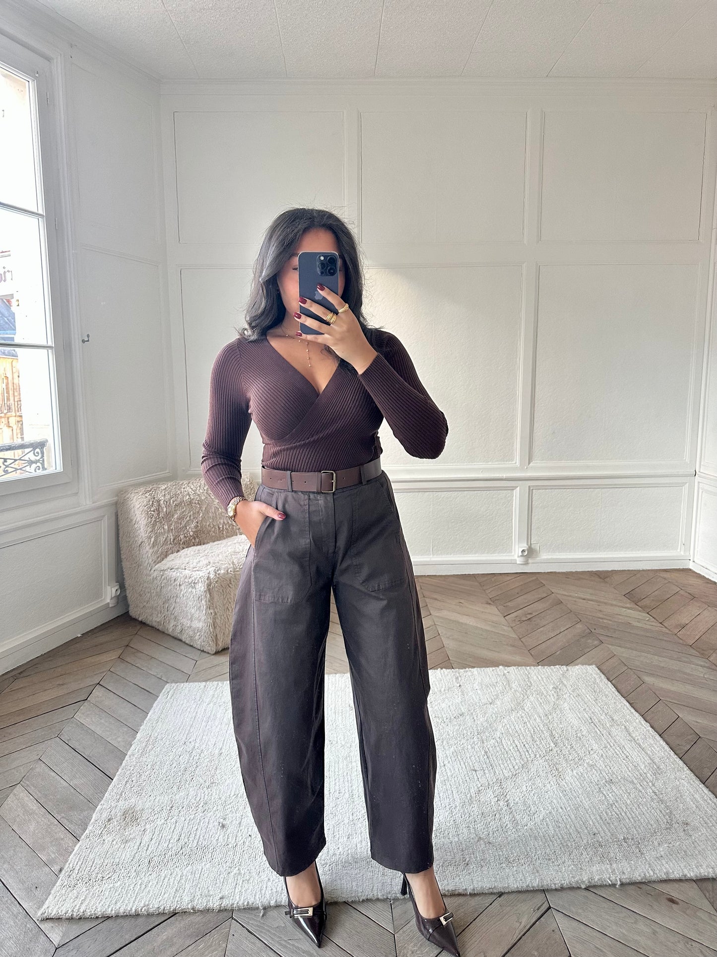 Pantalon barrel avec ceinture - marron