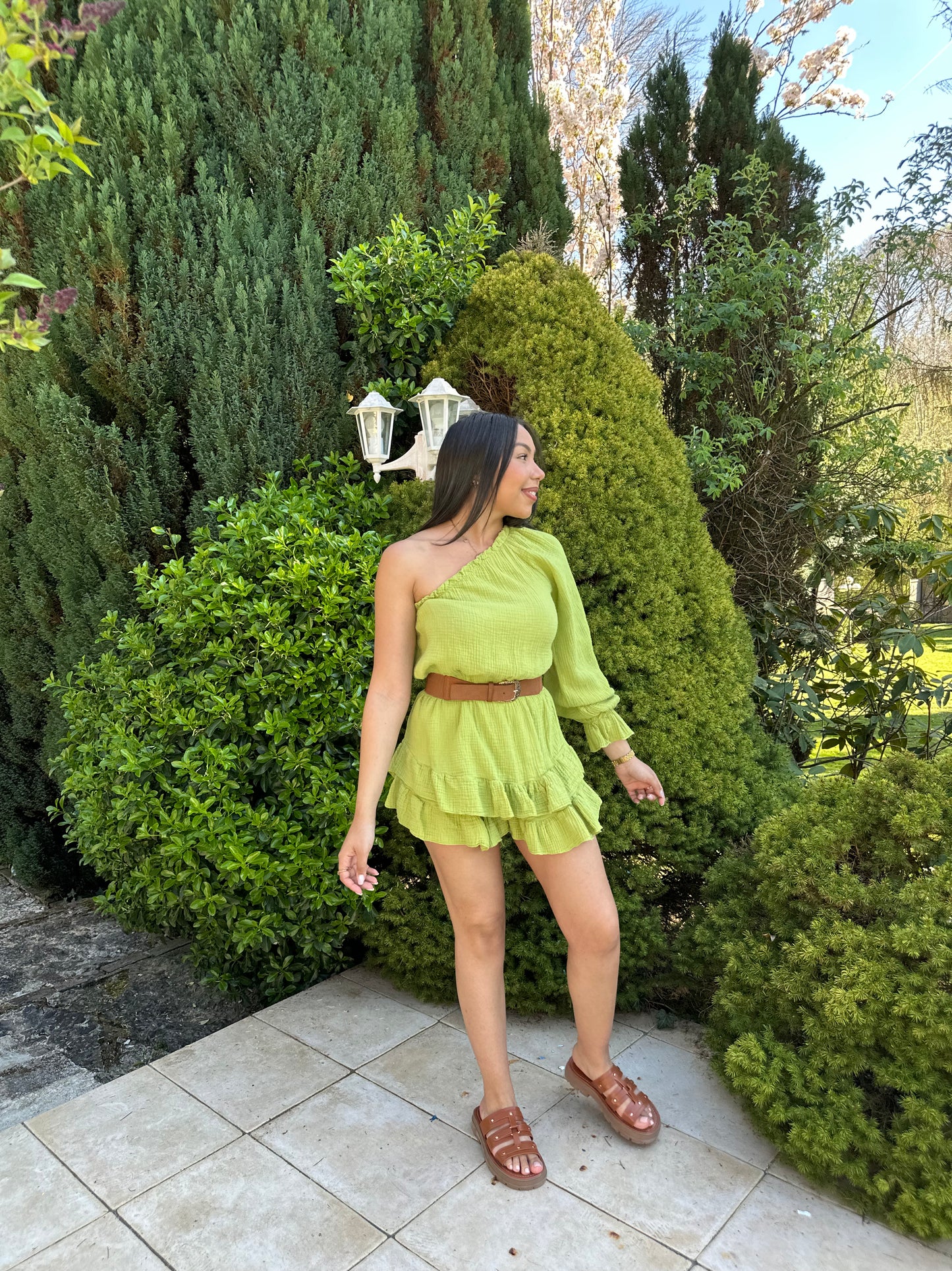 Combi-short en gaz de coton asymétrique - vert pomme