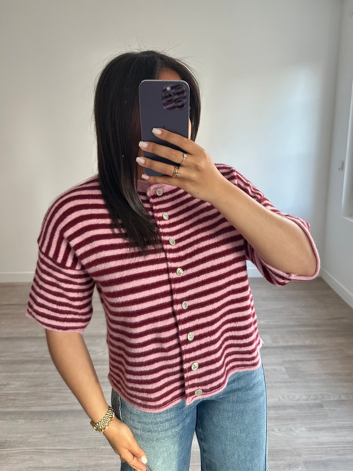 Pull rayé manches courtes - bordeaux