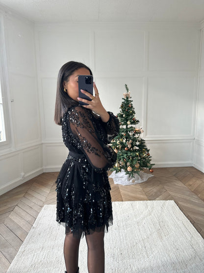 Précommande Robe à volants et sequins - noir