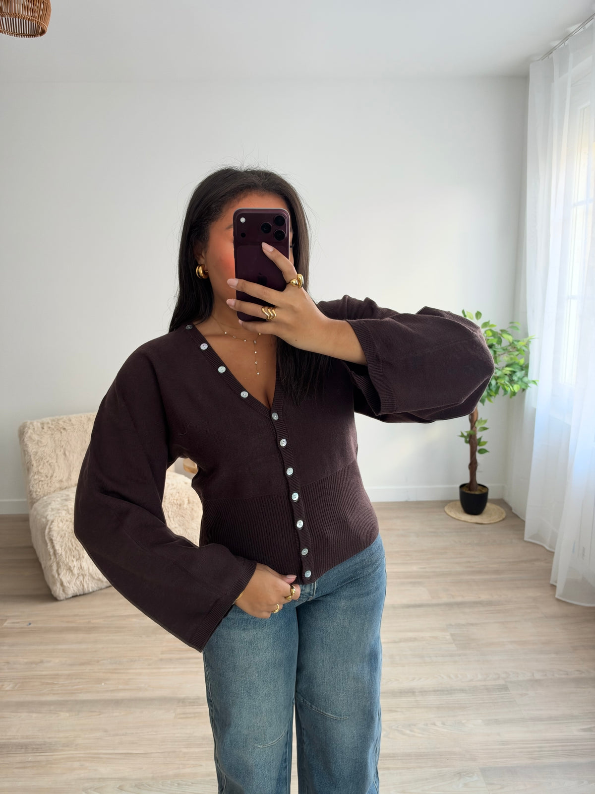Top cintré avec boutons - marron