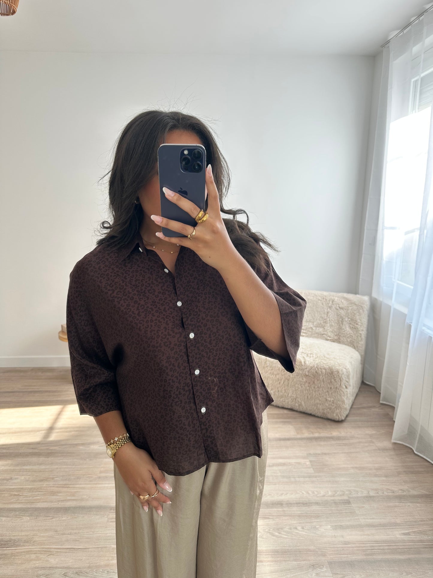 Chemise léopard manches larges - marron