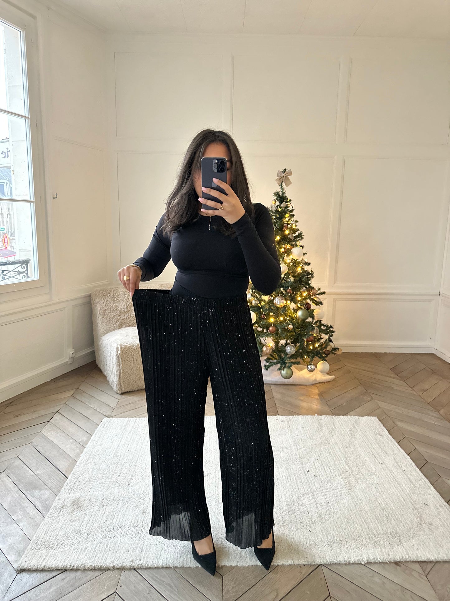 Pantalon plissé extensible à strass - noir