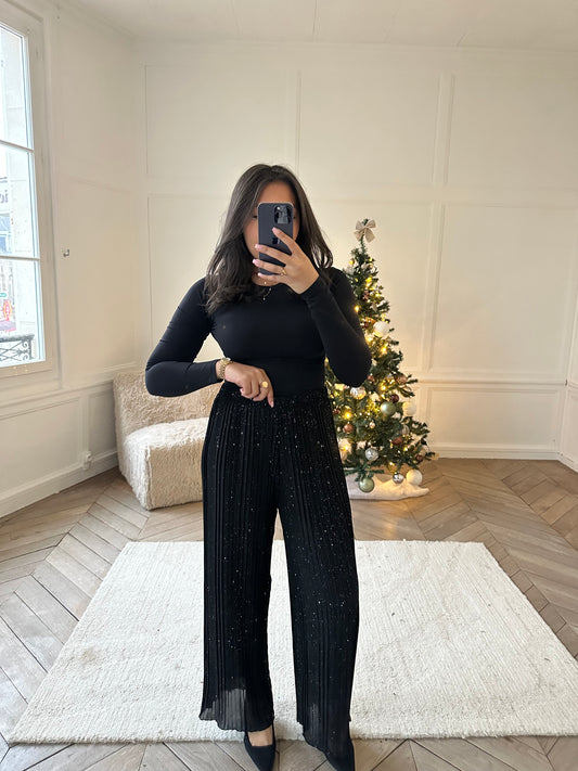 Pantalon plissé extensible à strass - noir
