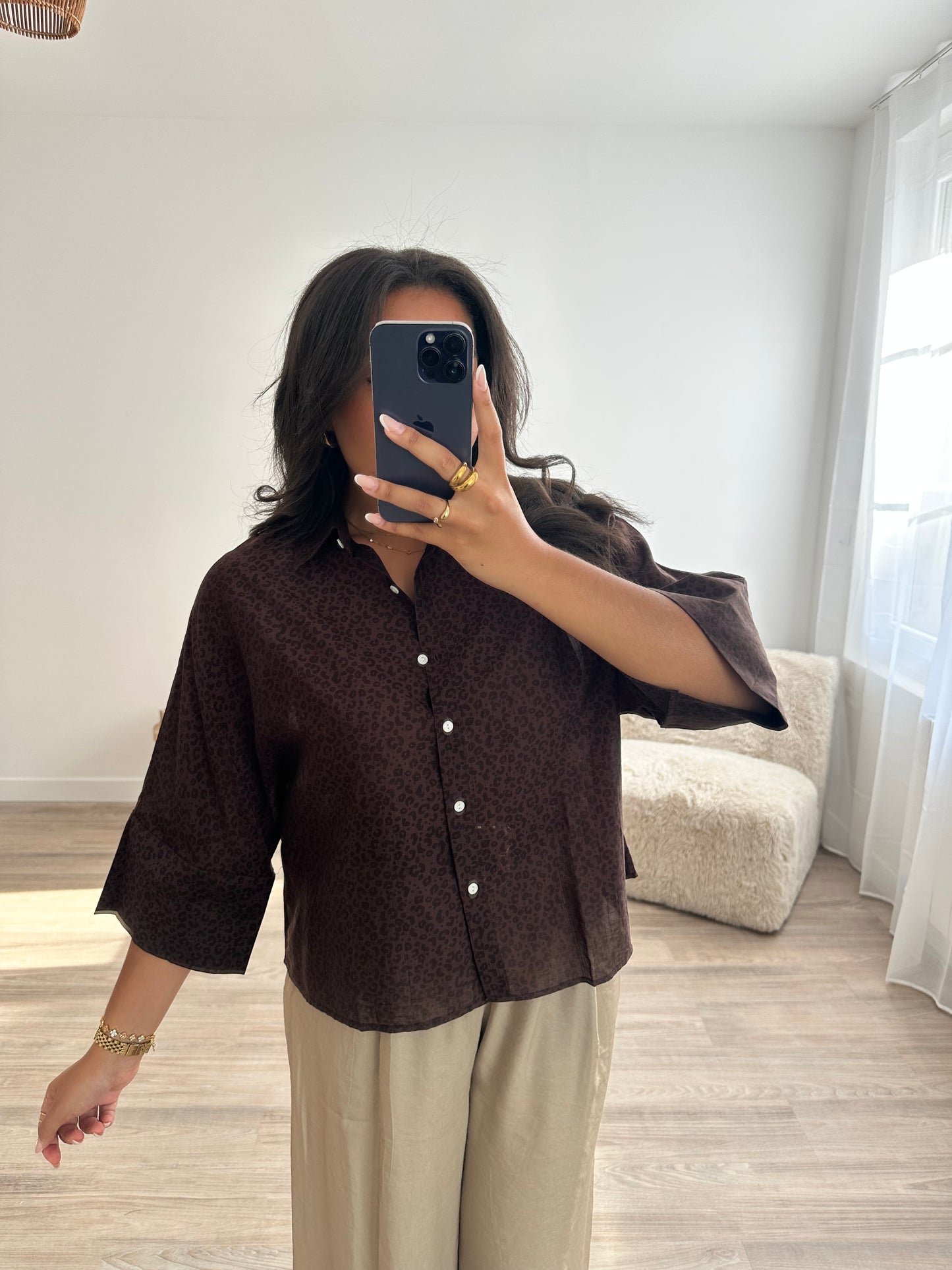 Chemise léopard manches larges - marron