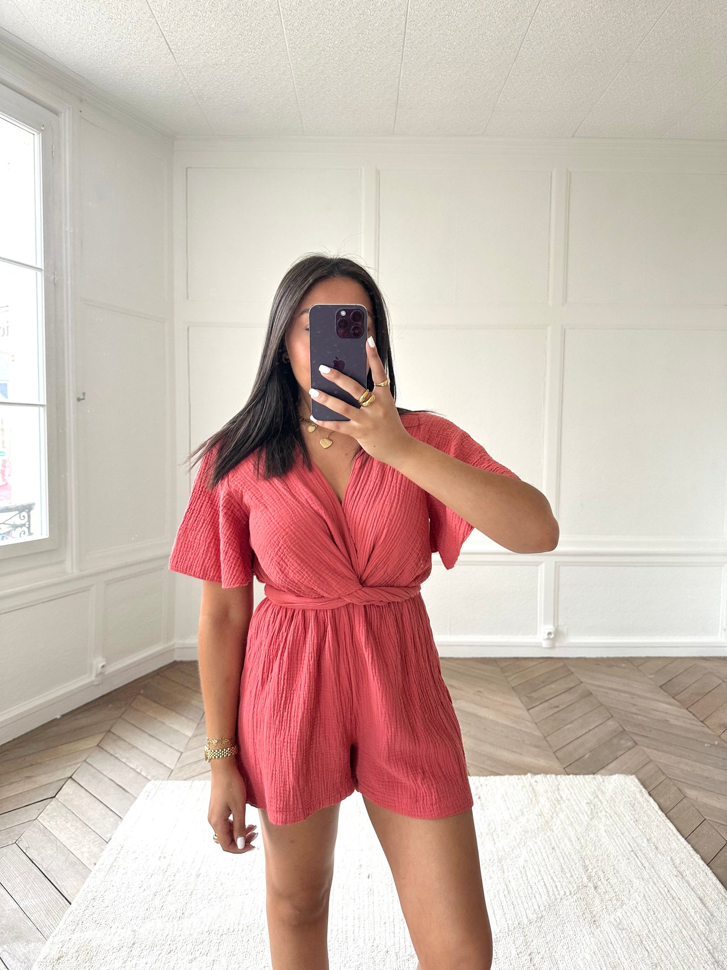 Combi-short en gaz de coton - framboise