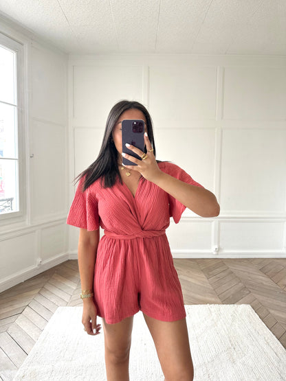 Combi-short en gaz de coton - framboise