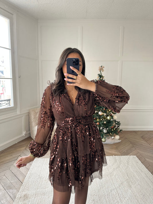 Précommande Robe à volants et sequins - marron