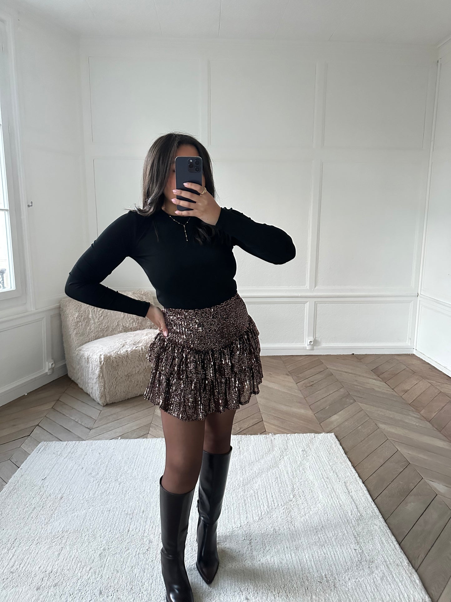 Jupe-short à sequins et volants - bronze