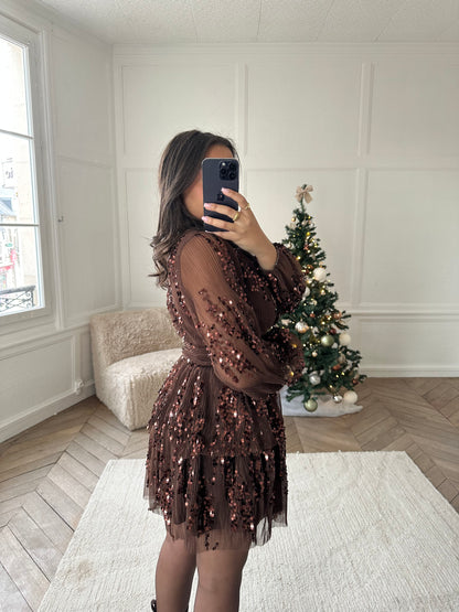 Précommande Robe à volants et sequins - marron