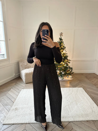 Pantalon plissé extensible à strass - marron