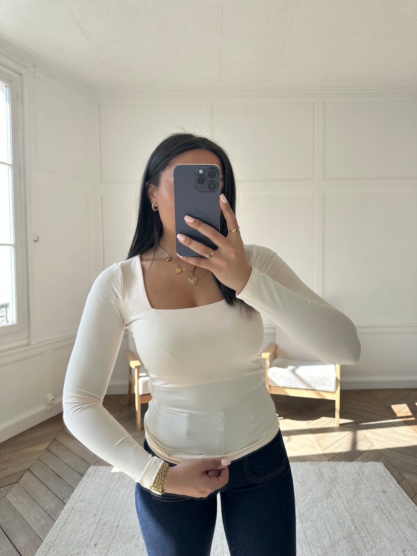 Top col carré - beige