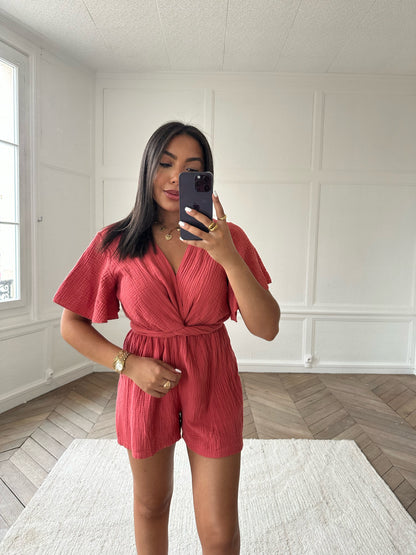 Combi-short en gaz de coton - framboise