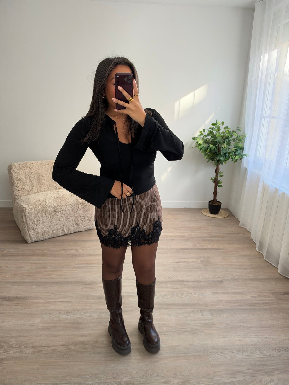 Jupe doublure short à carreaux et dentelle