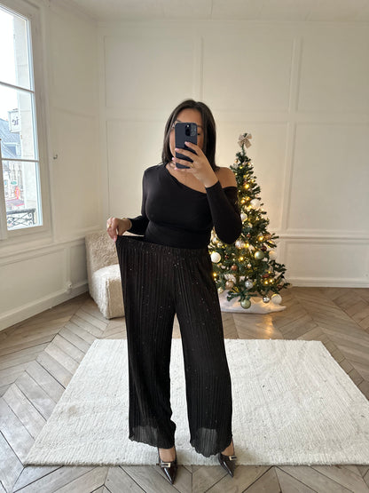 Pantalon plissé extensible à strass - marron