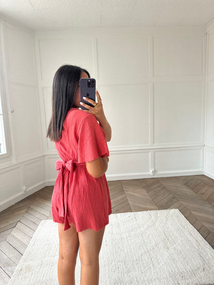 Combi-short en gaz de coton - framboise