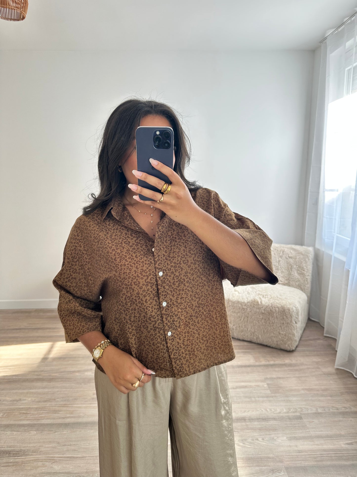 Chemise léopard manches larges - kaki