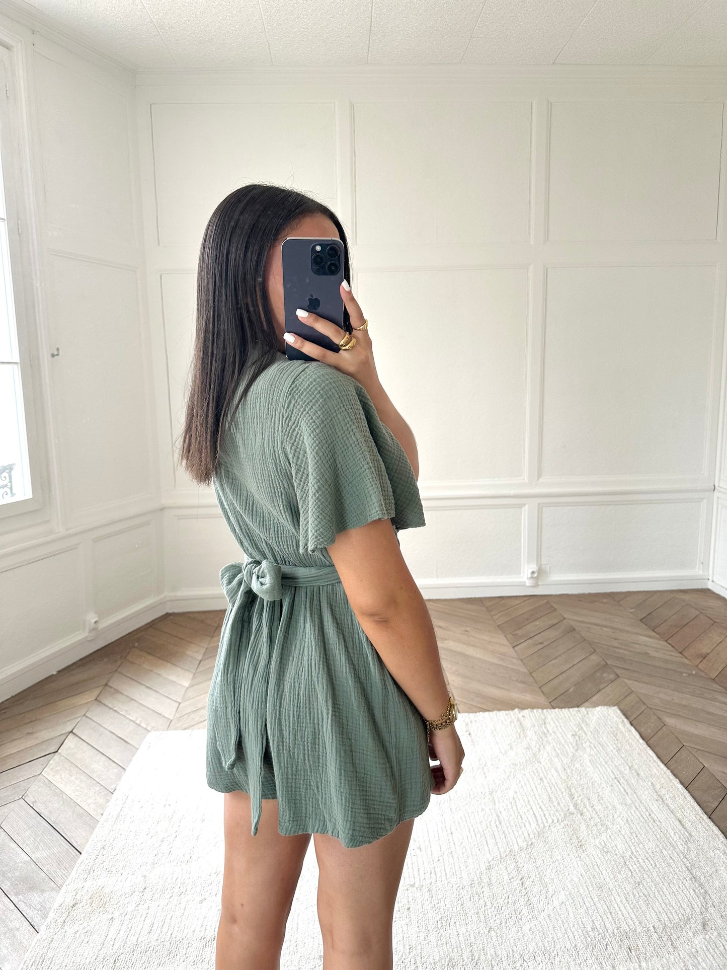 Combi-short en gaz de coton - kaki