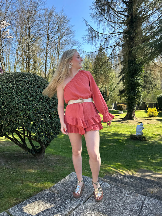 Combi-short en gaz de coton asymétrique - pastèque