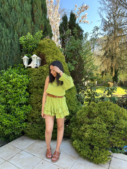 Combi-short en gaz de coton asymétrique - vert pomme